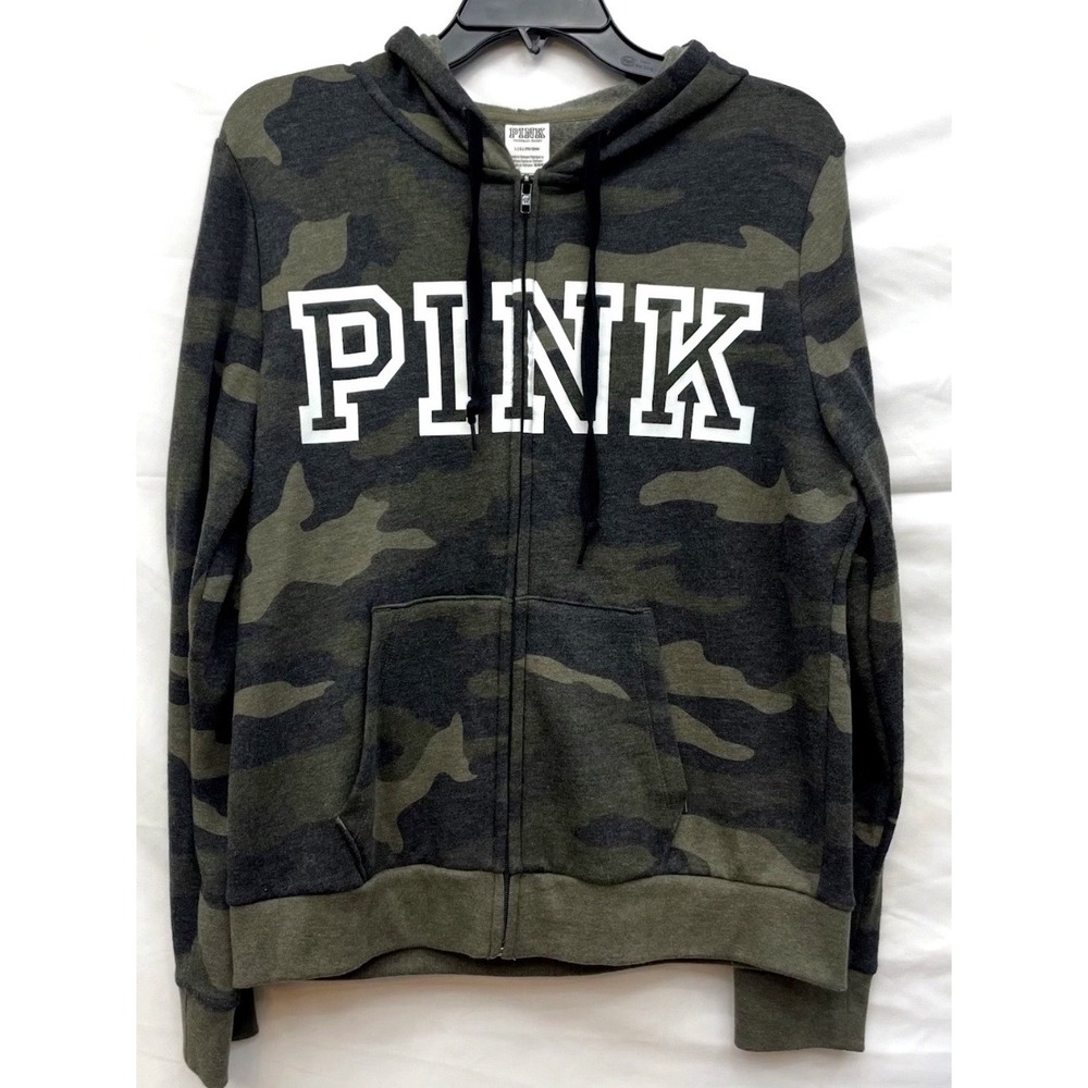 PINK Victoria Secret Camo Zip‎ Up Hoodie Womens Medium Spellout Y2K Lounge